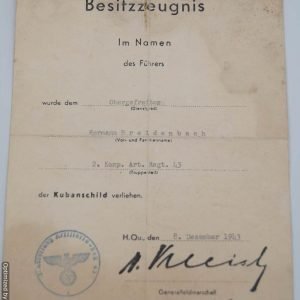 SMGP-906 Kuban Shield Award Document 1943