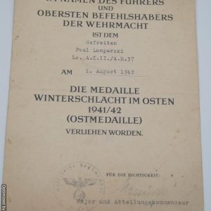 SMGP-904 Ost medal Award document *SOLD