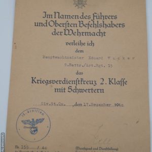 SMGP-907 War Merit Cross 2nd class Award doc 1940 *SOLD