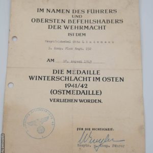 SMGP-903 Ost medal Award document Flak Regiment 232 *SOLD