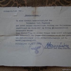 Eye Test Certificate for applying to the Fallschirmjagertruppe