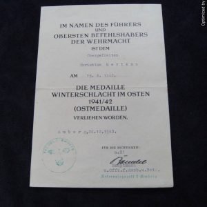 JLSMGP-1774 Ostmedaille Award Doc 1942 *SOLD