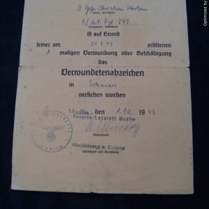 JLSMGP-1772 Black Wound badge Award document *SOLD