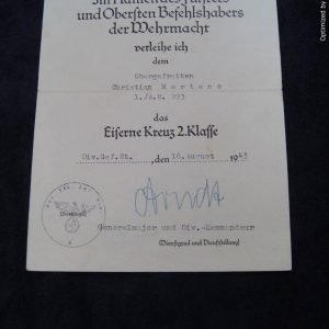 JLSMGP-1773 Iron cross 2nd class Award Doc (EK2) *SOLD