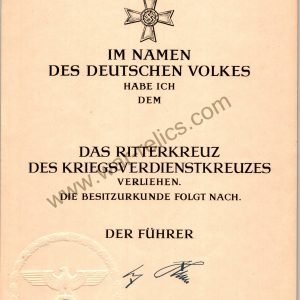 SMGL-2386  Kinghts Cross To the War Merit Cross Award Document