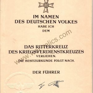 SMGL-2387 Kinghts Cross To the War Merit Cross Award Document