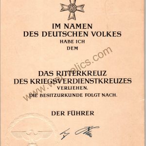 SMGL-2400  Knights Cross To the War Merit Cross Award Document
