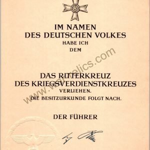 SMGL-2399  Knights Cross To the War Merit Cross Award Document