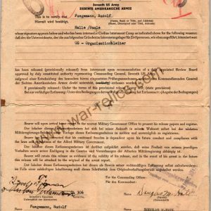 Release From Internment camp Document Rudolf Fugemann