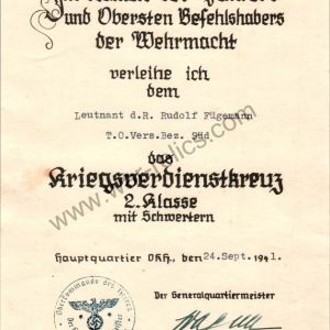 SMGL-24804 War Merit Cross with swords (KVK2) Award document
