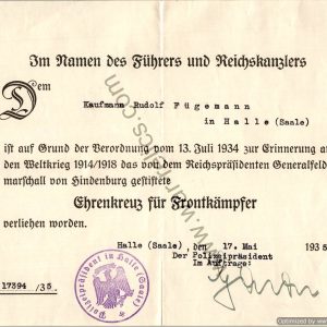 WW1 Honor cross award certificate for Rudolf Fugemann in Halle