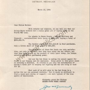 Kelsey-Hayes Wheel Co. Memo Re: Red Cross Donations & Bonds