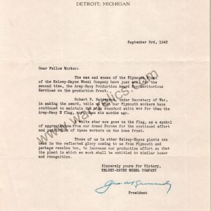 Kelsey-Hayes Wheel Co. Memo Re: Meritorious Service award