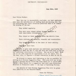 Kelsey-Hayes Wheel Co. Memo Re: Victory suggestion plan