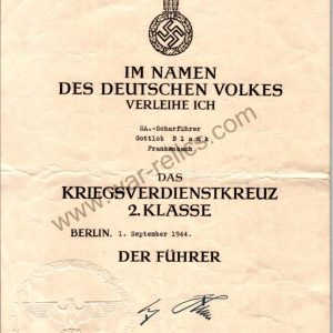 SMGL-2549 War Merit cross 2nd class Award Document for SA Mann *SOLD