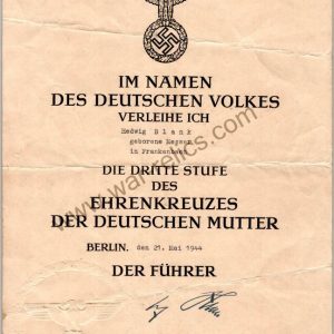 Mothers Cross in Bronze Award Document