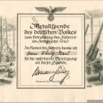 Metal Donation Certificate 1940