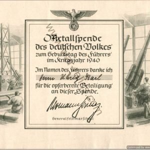 Metal Donation Certificate 1940