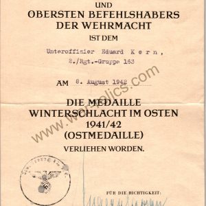 SMGL-2818  Ost Medal Award Document (eastern front)