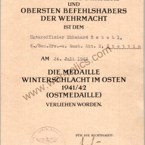 SMGL-2813  Award Document Ost Medal (eastern front)