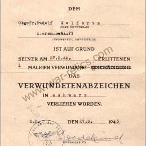 SMGL-2819  Black Wound Badge Award Document Grenadier Battalion