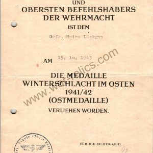 SMGL-2812  Award Document Ost Medal (eastern front)