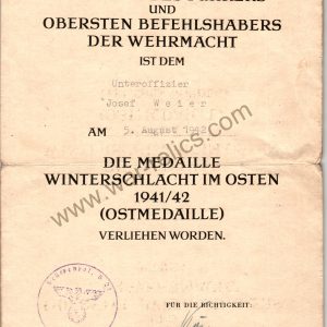 SMGL-2811  Award Document Ost Medal (eastern front)