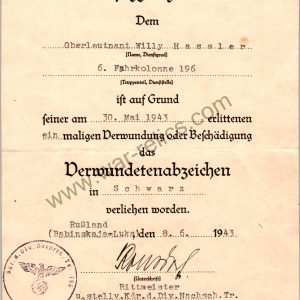 SMGL-2821  Black Wound Badge Award Document  Motorcade in russia