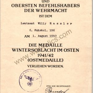 SMGL-2810  Award Document Ost Medal (eastern front)