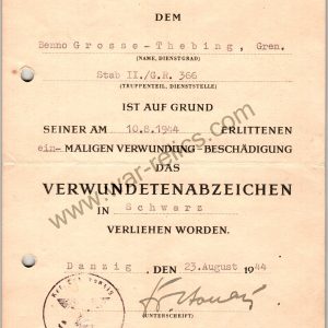 SMGL-2822  Black Wound Badge Award Document Grenadier