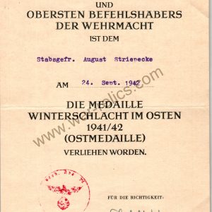 SMGL-2809 Award Document Ost Medal (eastern front)