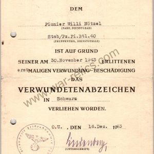 Black Wound Badge Award Document Panzer Pioneer