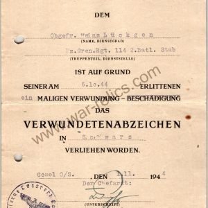 SMGL-2808  Award Document for black wound badge Panzer Grenadier