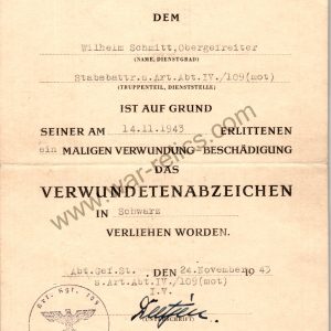 Award Document for black wound badge Headquarter Artillery Battery