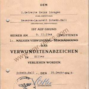 SMGL-2825  Silver Wound Badge Award Document Reserve Hospital