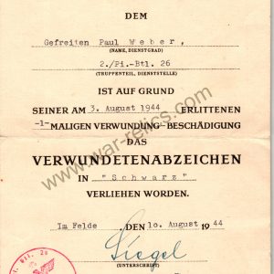 SMGL-2805  Award Document for black wound badge Pioneer battalion