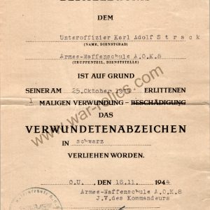 SMGL-2804  Award Document for black wound badge at a Weapons school