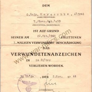 SMGL-2824  Silver Wound Badge Award Document Grenadier