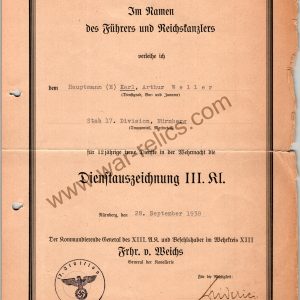SMGL-2848 12 year Service Award signed by Leutnant General Erich Friderici DKiS Winner