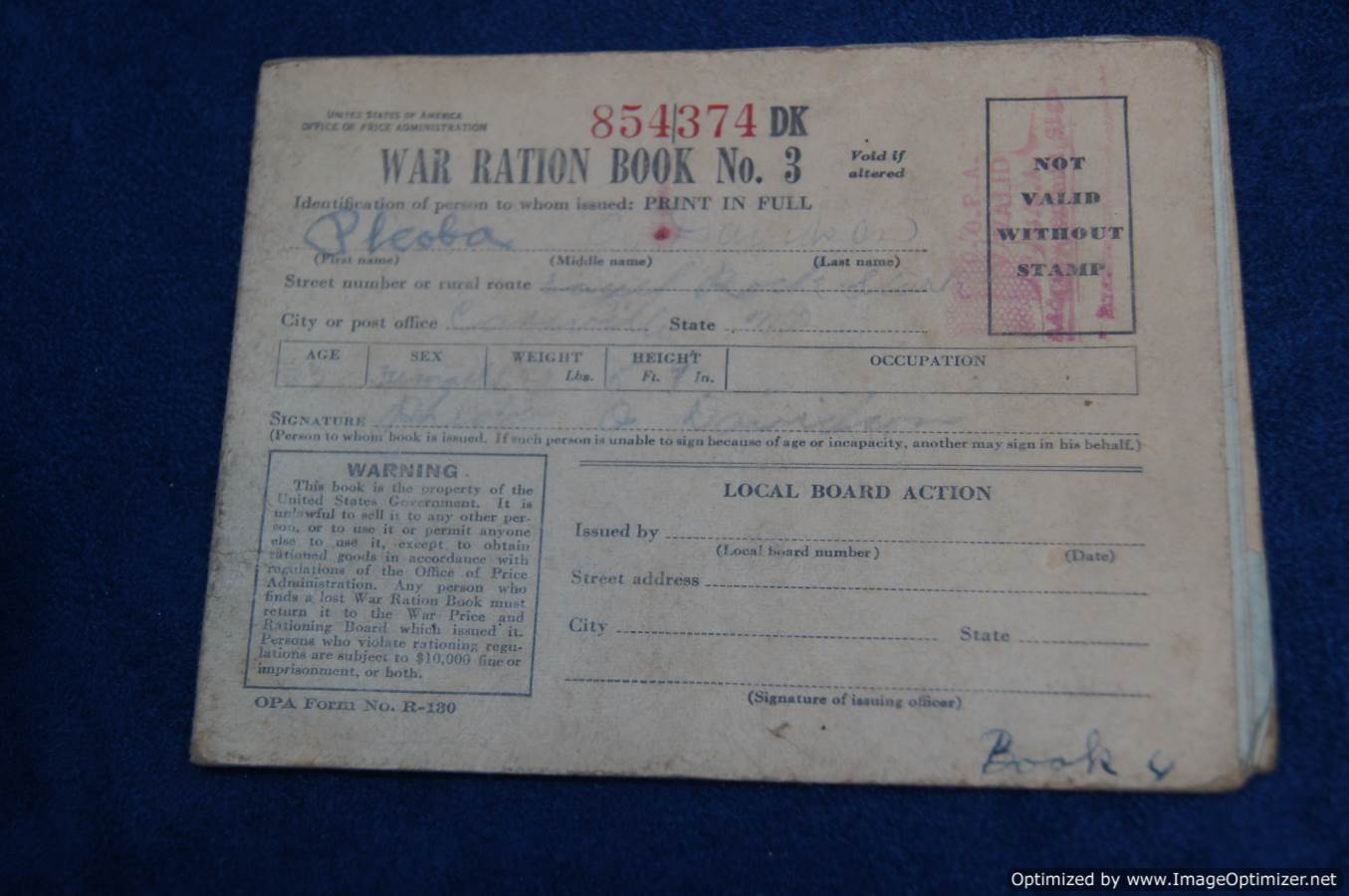 SMGQ-0026 US War Ration Book #854374