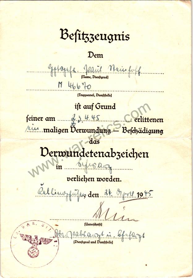 SMGQ-0162 April 1945 Dated BlackWound badge document