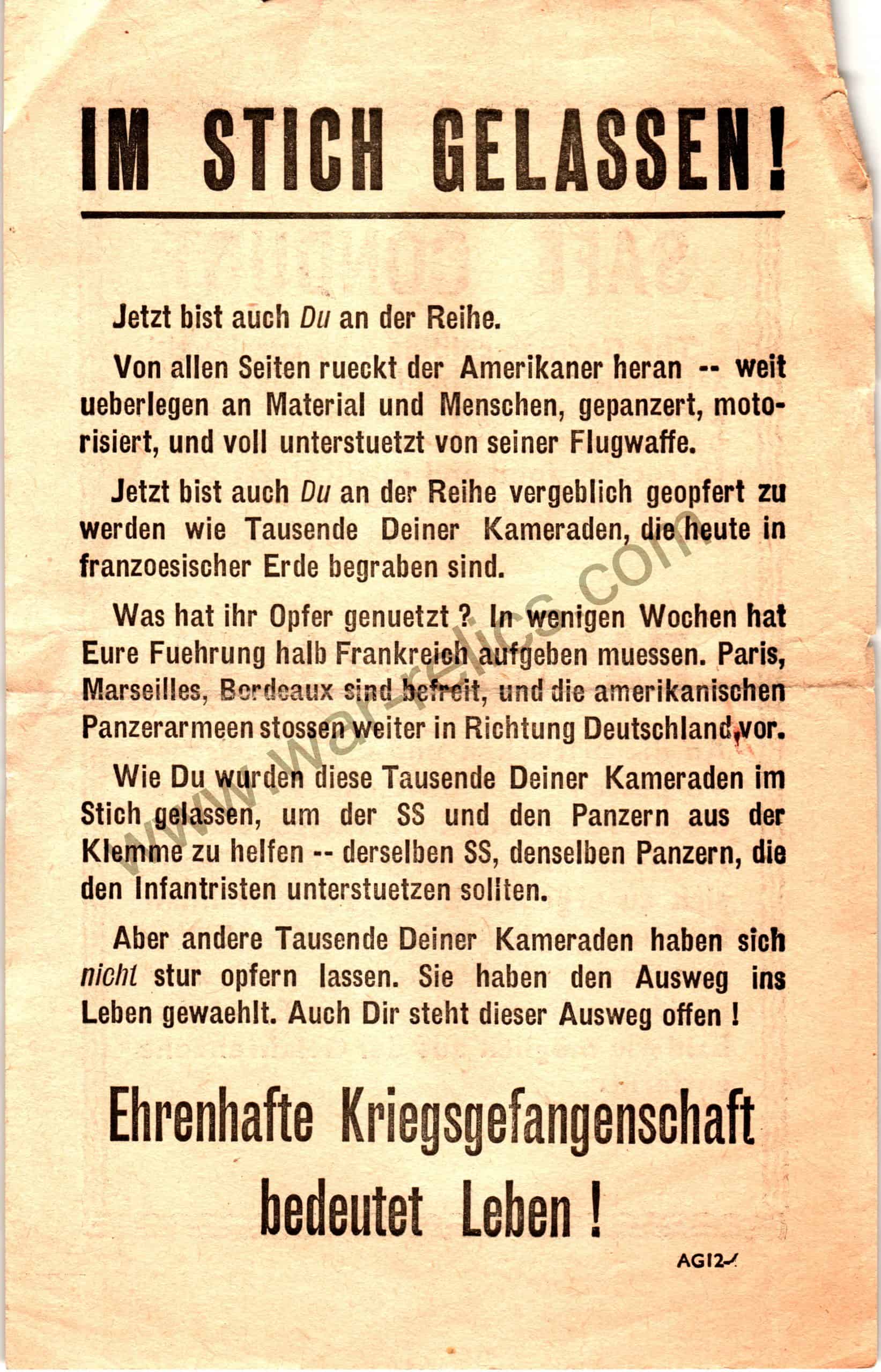 Allied Safe Conduct Pass for Surrendering Germans