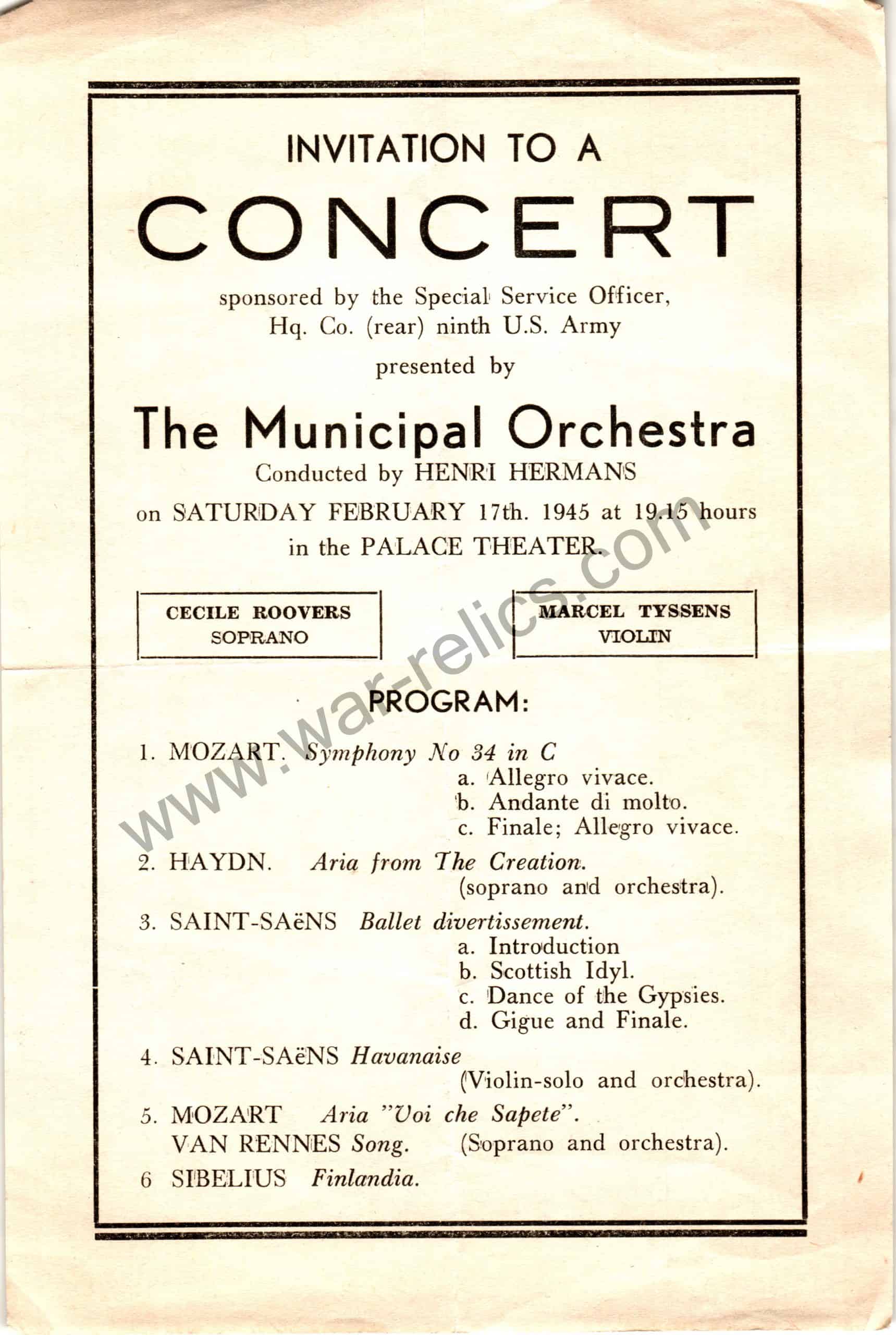 SMGQ-0340 9th army Soprano & Violin concert invitation Feb 1945