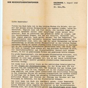 Letter From Reichsstudenten Führer Gustav Adolf Scheel