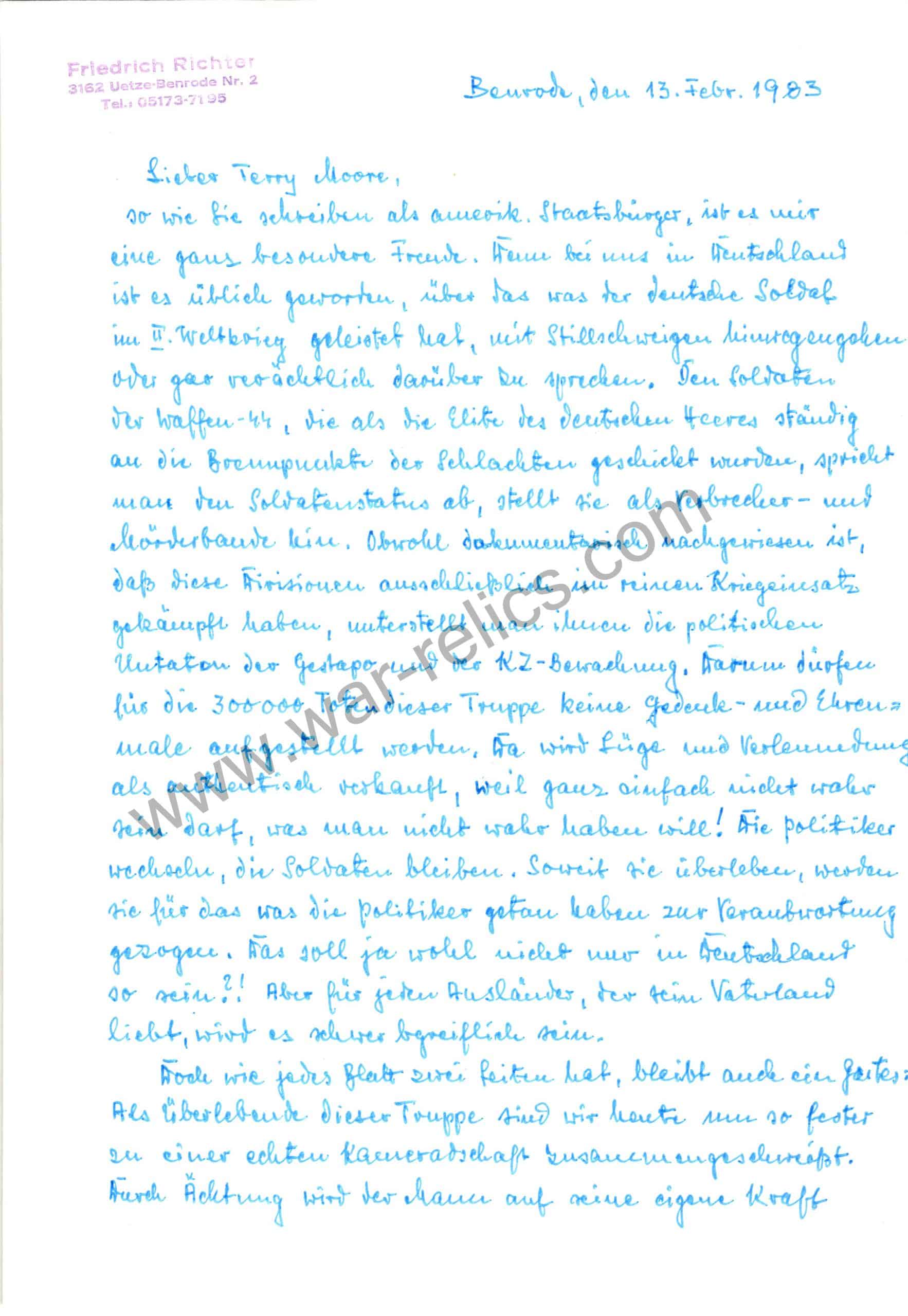 Letter from knights cross winner Friedrich Richter to an American Historian date 1983 with signature