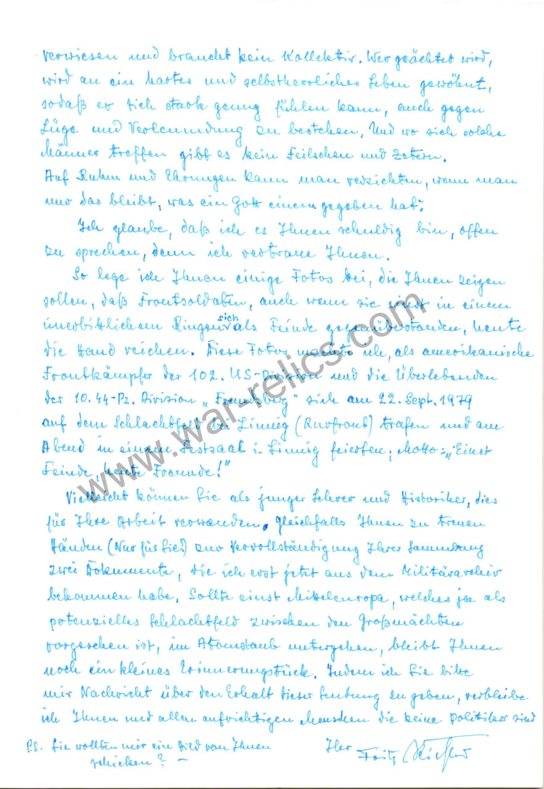 Letter from knights cross winner Friedrich Richter to an American Historian date 1983 with signature