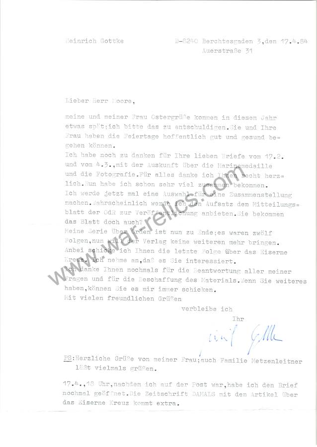 Heinrich Gottke Knights cross winner signature x3 and letter