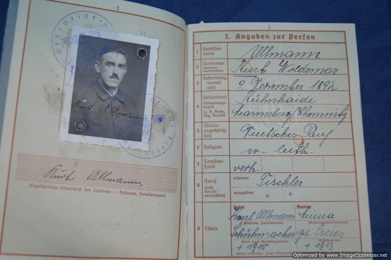 SMGL-2607 Heer Wehrpass Kurt Allmann Carpenter. Battle entry