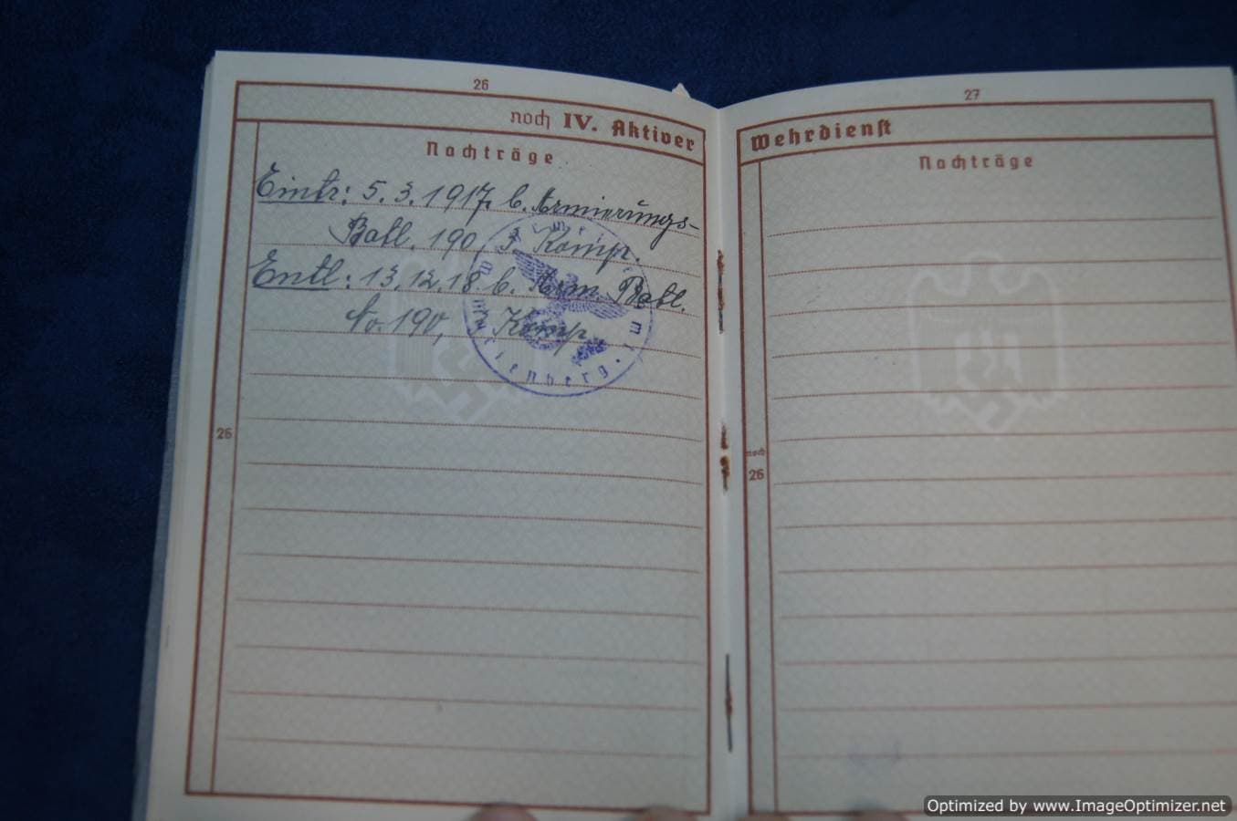 SMGL-2607 Heer Wehrpass Kurt Allmann Carpenter. Battle entry