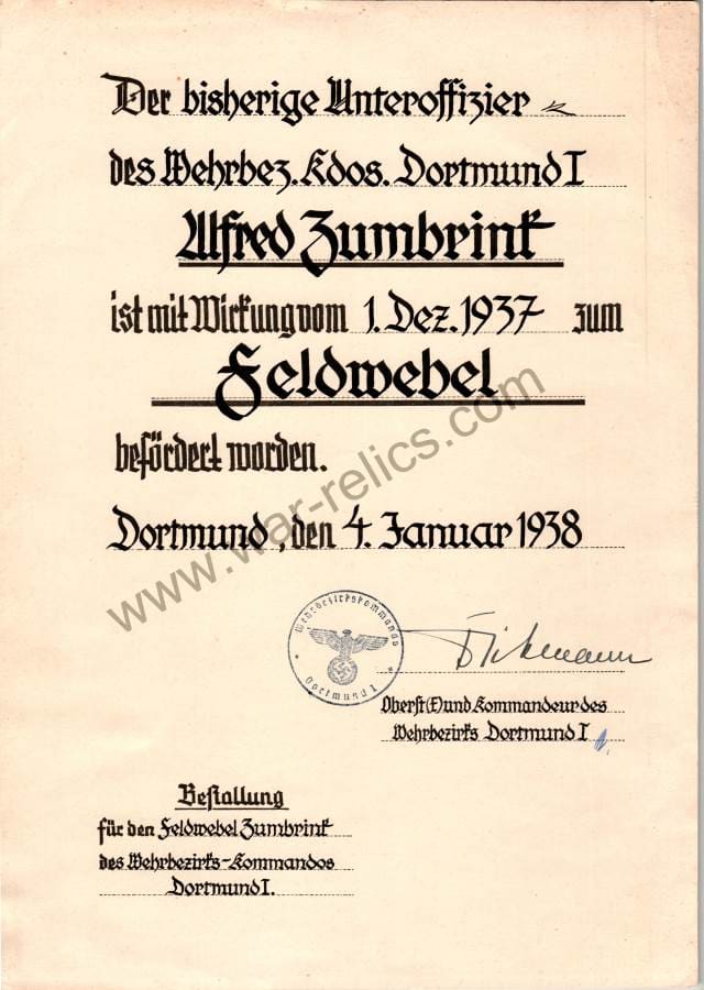 Promotion document from unteroffizier to Feldwebel
